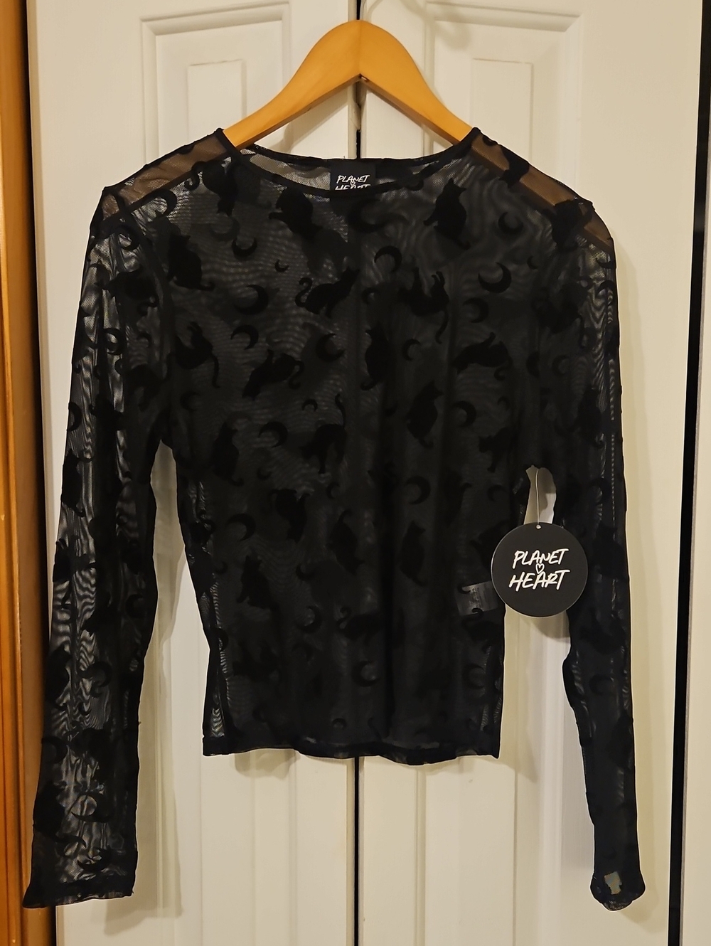 Planet Heart Black Sheer Mesh Cat Moon Celestial Long Sleeve Top